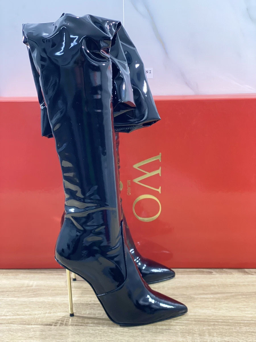 Wo Milano Botas Mujer Charol Cuero Negro Encima Rodilla Casual