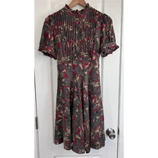 Mise en Scene by Ruffian Anthropologie Big Band Retro Dress Silk Gray Red Size 8