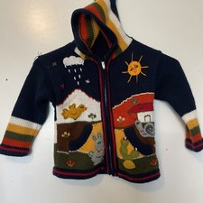 Peruvian wool applique cute hooded zip animal farm striped knit sweater