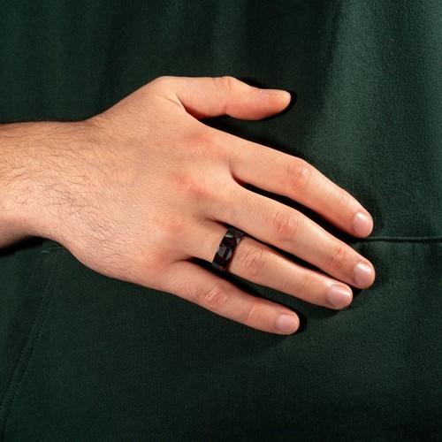 Black Hammered Opal Men Ring Unique Mens Wedding Band Brushed Tungsten Ring - Picture 3 of 9