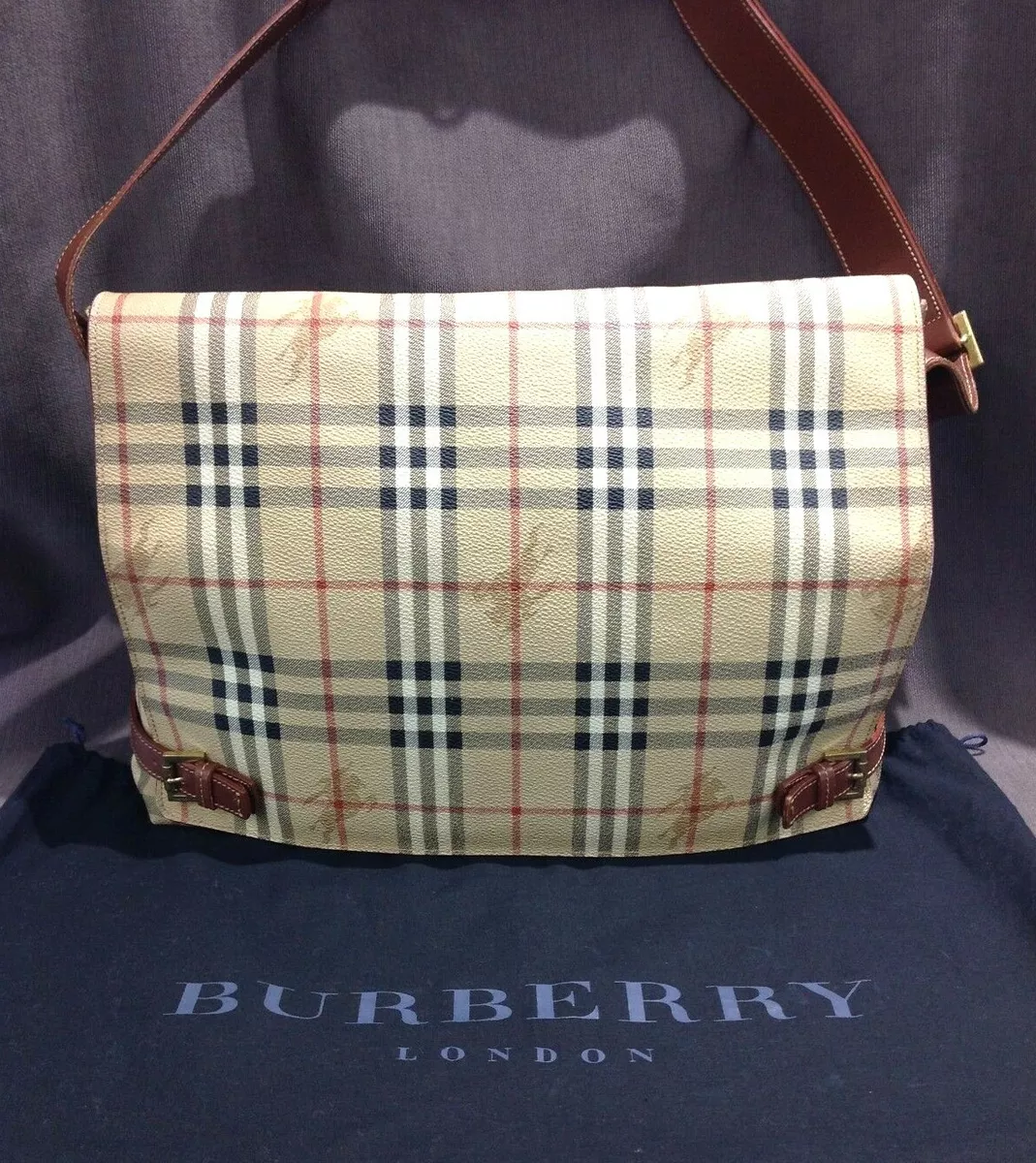 Vintage Burberry Tote Bag With Tan Leather Trim