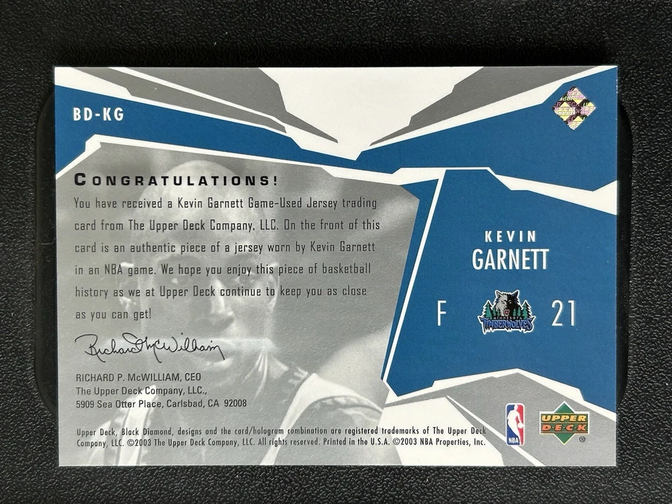 KEVIN GARNETT 2003 UD BLACK DIAMOND SINGLE DIAMOND GAME USED JERSEY  - Image 2 of 2
