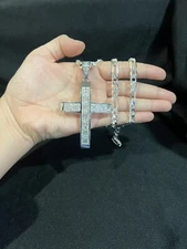 925 Sterling Silver Men Male BIG Hip Hop CZ Cross Pendant & Figaro Chain 26"