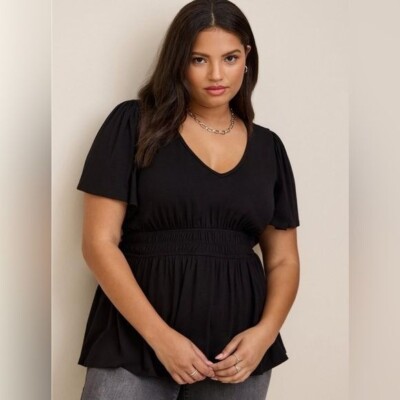 Torrid | Women's Stretch Knit V-Neck Elastic Waist Detail Top Size 4X Black NWT