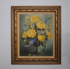 Vintage  Painting Signed Edward. Flowers Bouquet  Yellow Roses, Daisies