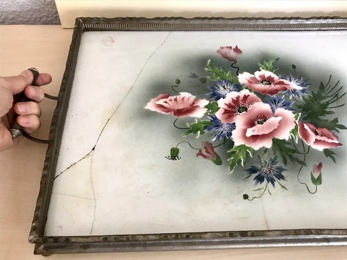 Antik riesiges Tablett Metall Galerierand Keramikeinsatz - Bild 6 von 24