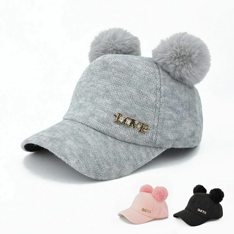 Kids Hat Baseball Cap With Pompom Winter Girl And Boy Solid Colour Warm Head