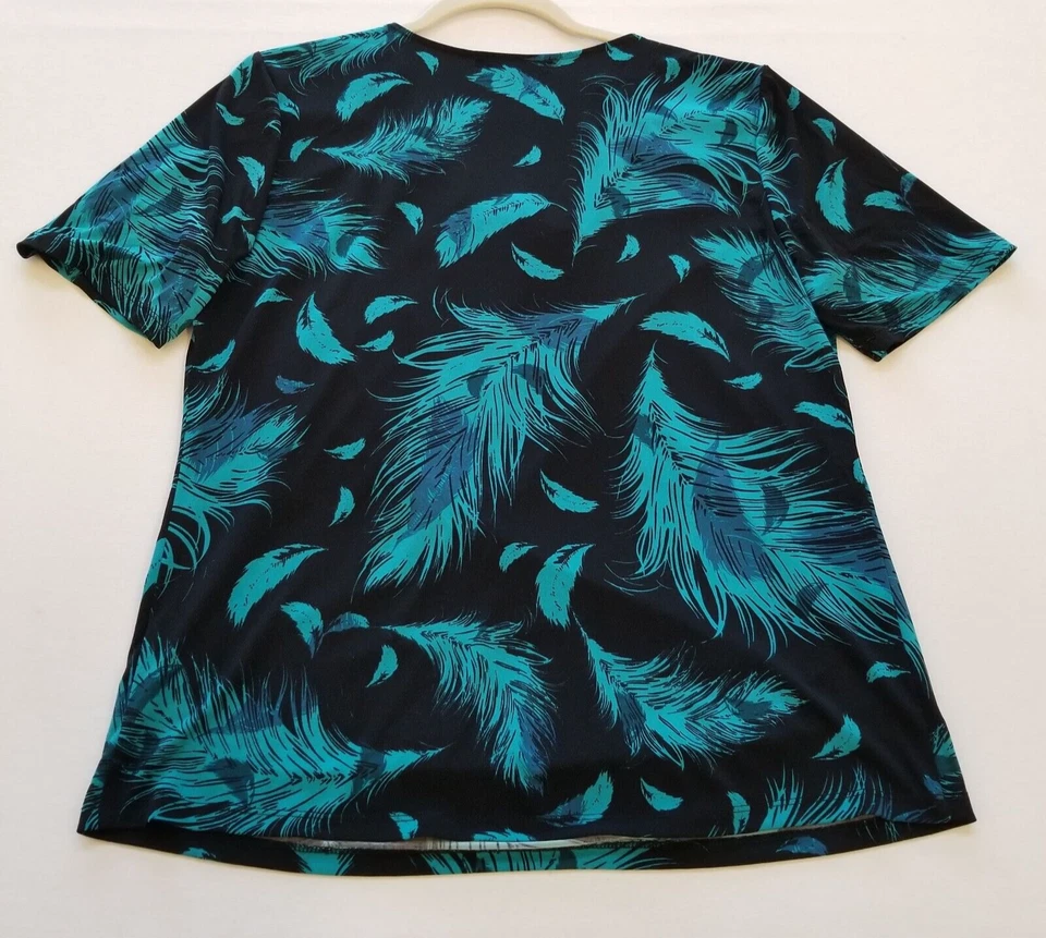 Top de mujer Ellen Tracy grande L negro verde azul plumas manga corta cuello capucha Foto 3 de 4