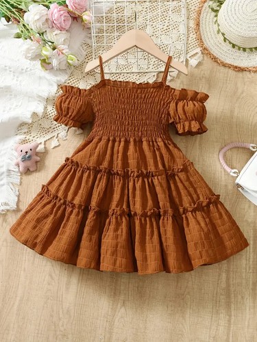 Toddler Girls Puff Sleeve Cold Shoulder Spring Summer Dress Rose Red/ Coffee 1-6 - Picture 14 of 17