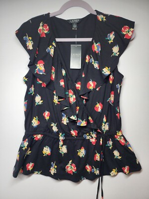 LAUREN Ralph Lauren Women's Blouse L Floral Print Ruffle Trim Elastic Waist NWT