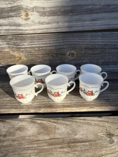 7 Vintage Arcopal France Milk Glass Cups Mugs Provisional Floral