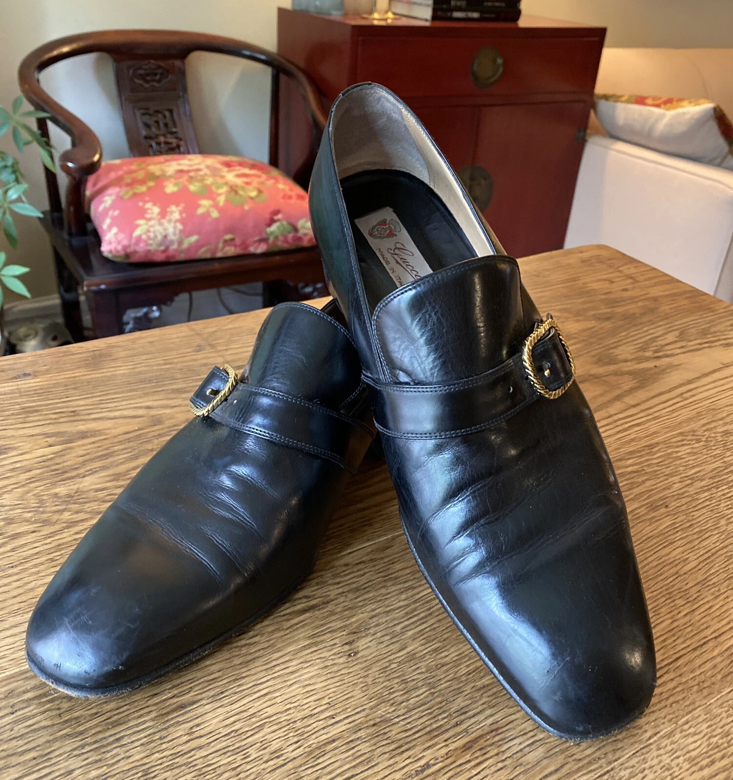 MOCASSINS HOMME GUCCI VINTAGE ANNÉES 80 BOUCLE OR CUIR NOIR TAILLE 43 9,5 US