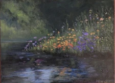 Original landscape oil painting, new, signed, flowers, garden