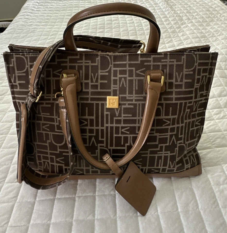 DIANE VON FURSTENBERG Tote Bag Womens Large Brown Logo Shoulder Office Travel - Image 2 of 4