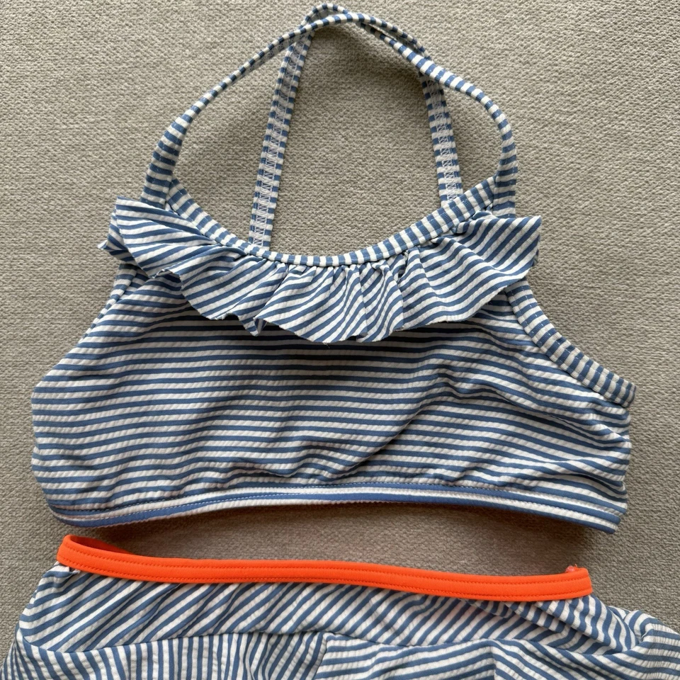 Mini Boden 2 Piece Bikini Swimsuit Girls 5 6 Striped White Blue Ruffle - Image 2 of 4