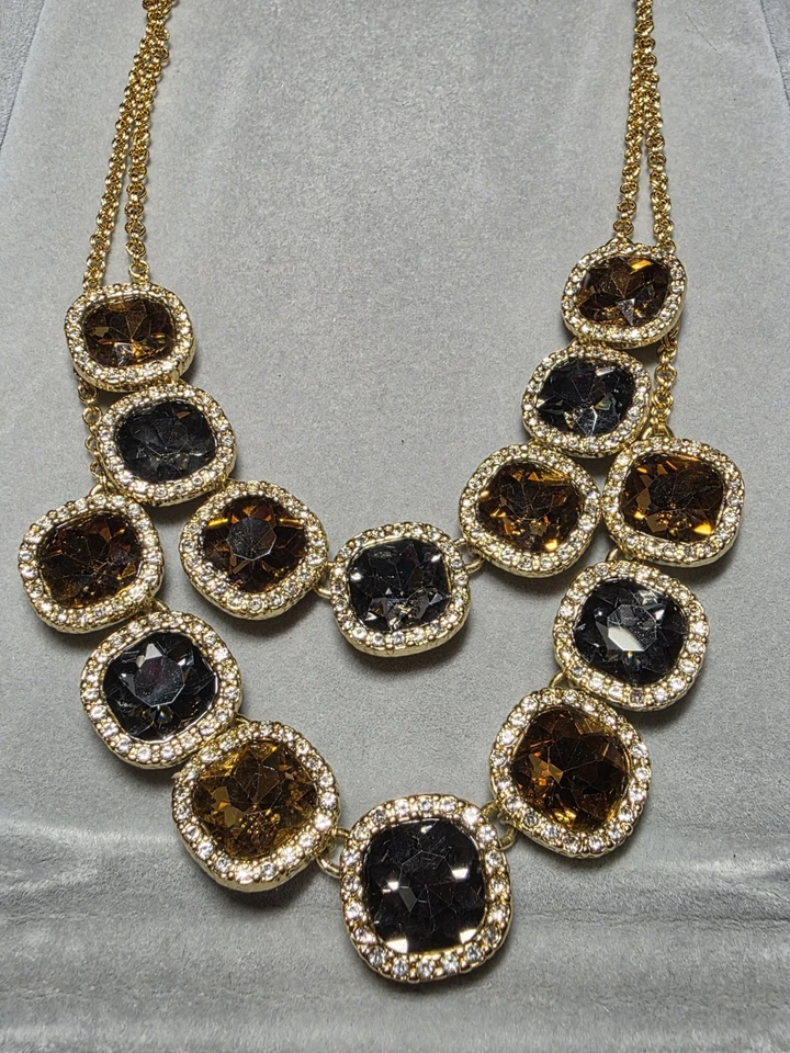 Talbots Gold Tone Double Strand Gray Amber Faceted Crystal Rhinestone Necklace - Image 2 of 4