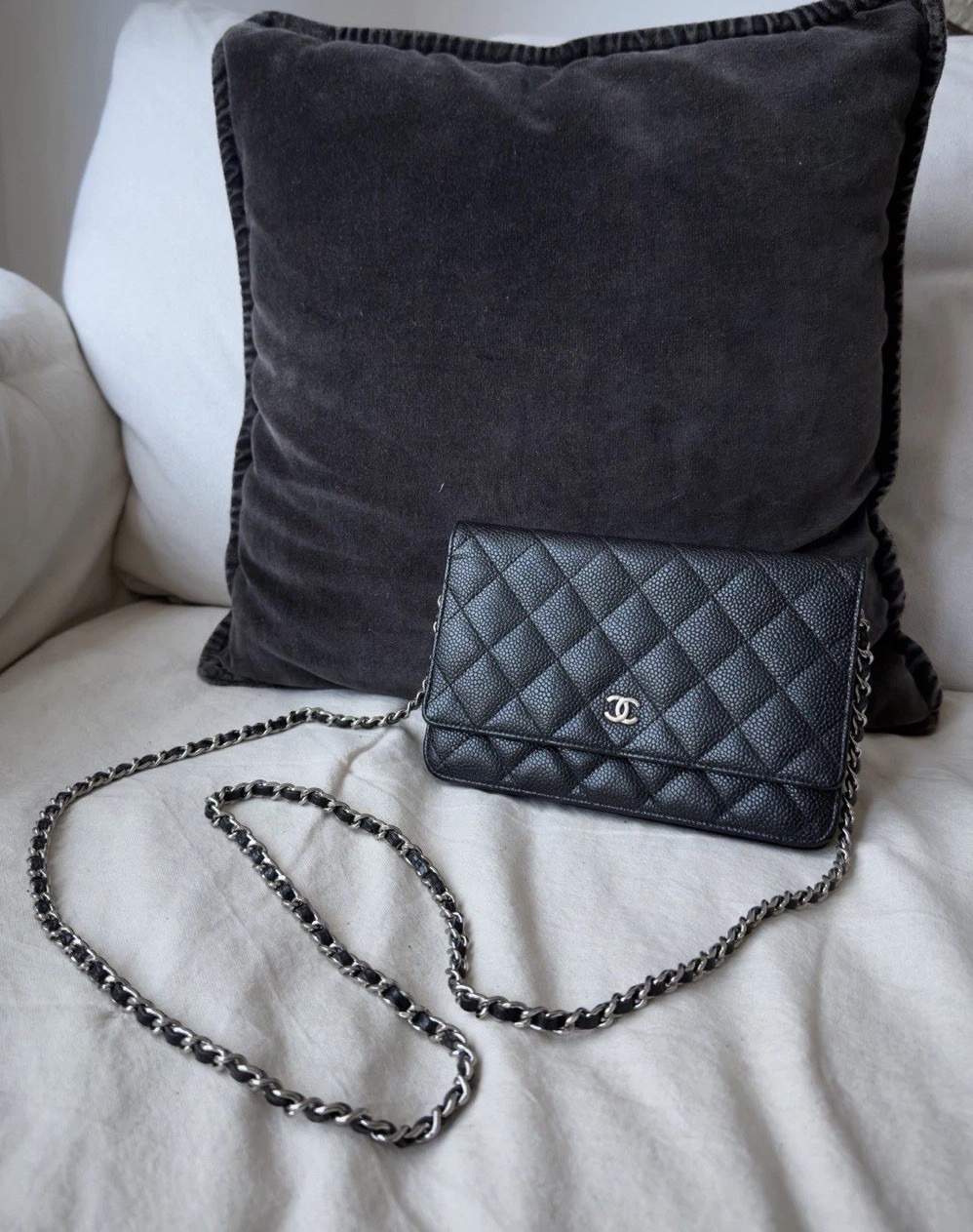 Chanel Black Caviar Leather Wallet on Chain Silver Toned Hardware WOC