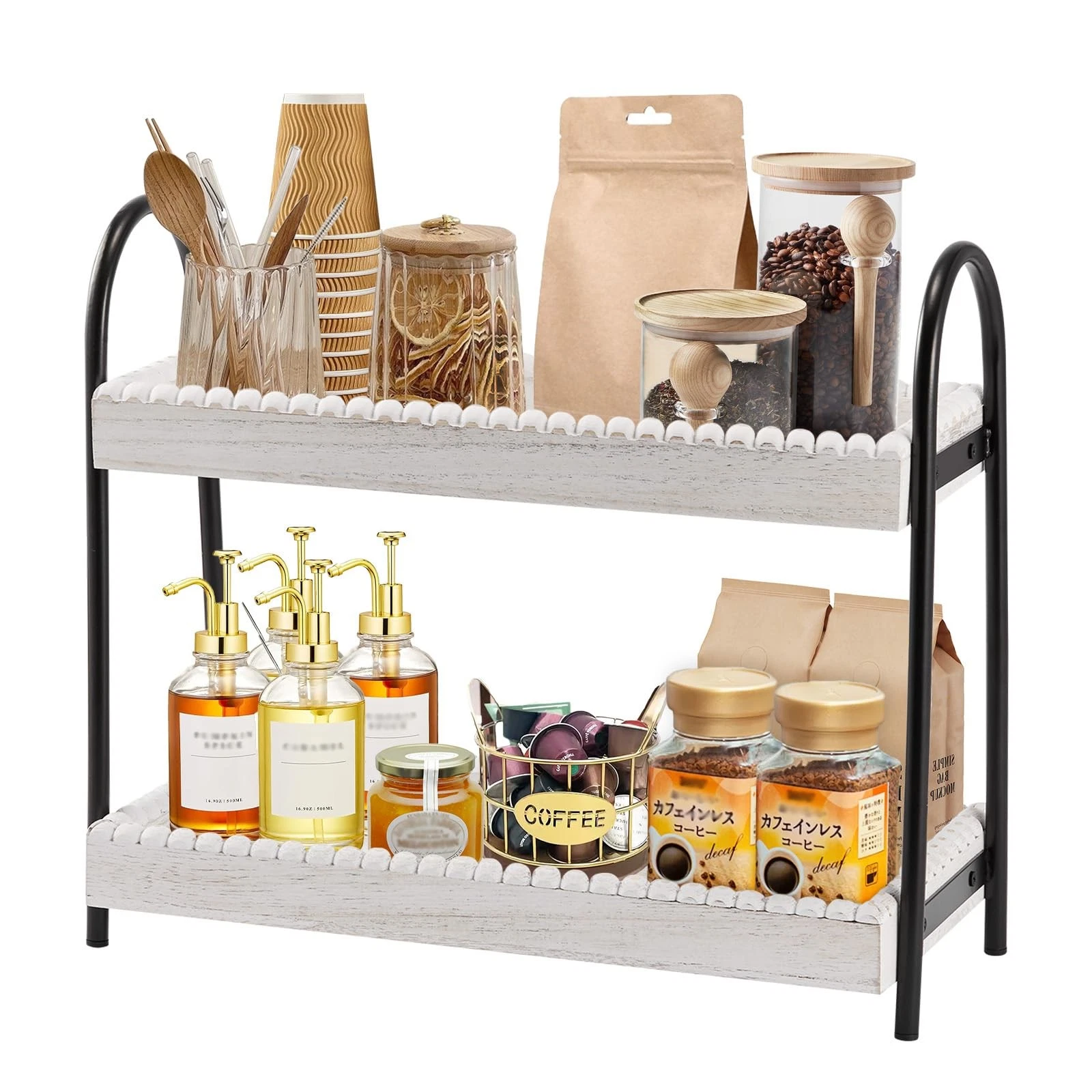2 Tier Coffee Bar Organizer, Wood Coffee Bar Accessories Shelf for Countertop...