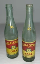 2 - Vintage RC Royal Crown Cola Bottle Green Glass 10 oz Nehi Embossed 1950s