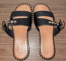 Coach And Four Women's Aquila Black Brown Leather Open Toe Slide Sandals Sz 6.5