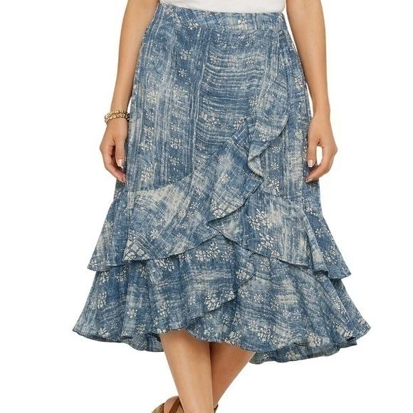 Lauren Ralph Lauren Linen Blend Wrap Skirt Wms 4 Blue Indigo Batik Ruffle Midi