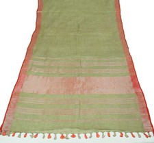 Sushila Vintage Green Pure Linen Sari Handloom with Silver Zari Border Saree