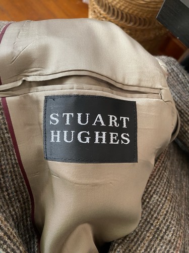 VTG Stuart Hughes Fuzzy Wool Brown Stripe Elbow Patch Blazer Leather Buttons 44R - Picture 6 of 9