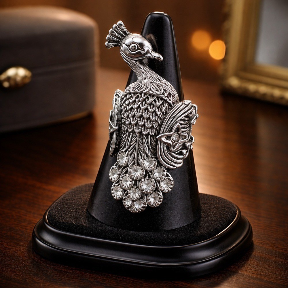 Peacock Statement Ring Silver Tone Rhinestone Bir… - image 2