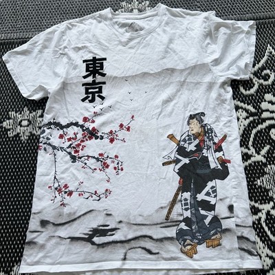 ORIGINAL GRAVITY Men s Asian Print Cherry Blossom Samurai White Graphic T Sz M