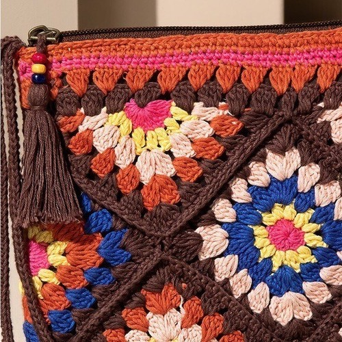 Boho Wristlet Crochet Pouch Zip Top Beaded Handmade Tassel Artisan Retro - Bild 5 von 13