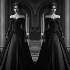 Black Gothic Wedding Dresses Off Shoulder Long Sleeves Corset Vintage BridalGown