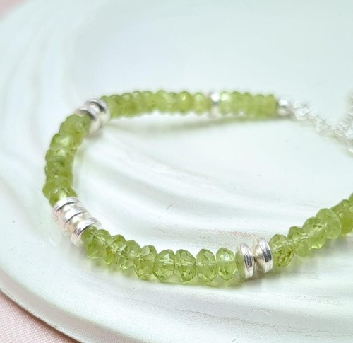 Green Peridot 3-4MM Faceted Rondelle Gemstone Beaded Dainty Women Bracelet 6-8" - Picture 6 of 10