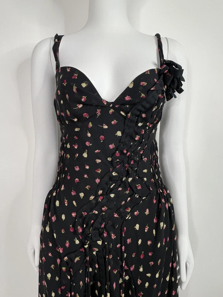 复古 Moschino 廉价别致黑色花卉印花丝绸懒人连衣裙 38 XS — 第 3/4 张图片