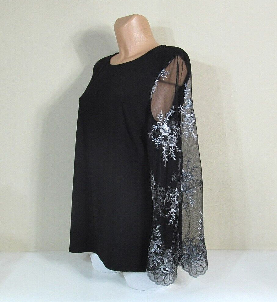 STUDIO BADGLEY MISCHKA Black Party Top Silver-Embroidered Sequined Sheer Sleeves image 3
