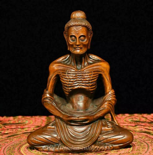 Chinese Buddhism Boxwood Wood Carved Skinny Arhat ascetic monk Buddha Statue