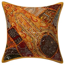 Yellow Cushion Cover Beaded Gypsy Handmade Bohemian Tribal Ethnic Hippie Pillow