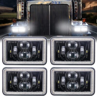 4pcs 4x6 Inch LED Headlight Halo DRL Single For Peterbilt Kenworth Freightinger