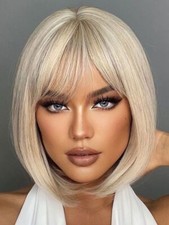 Short Blonde Bob Wig with Bangs Straight White Blonde Wig for Women Synthetic