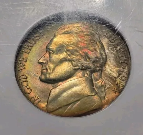 1944 D Jefferson War Nickel NGC MS67 Rainbow Toned Old Holder Incredibe Toning