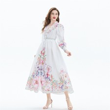 Womens Ethnic Floral Printed Balloon Sleeve V-Neck Linen Long A-line Maxi Dress