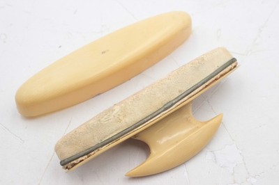 Vintage French Ivory Celluloid Vanity Nail Buffer w Caddy Cover 5''
