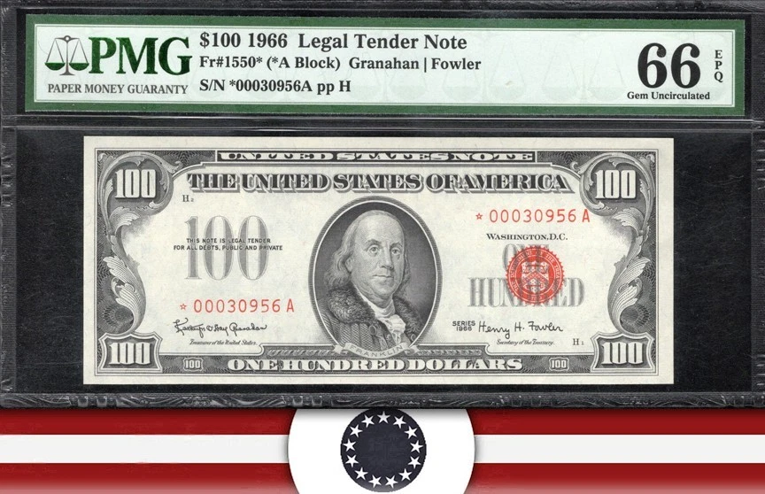 $100 LEGAL TIERNA STAR 1966 SELLO ROJO PMG 66 EPQ Fr 1550* 30956