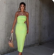 MABLE Neon Green Strapless Midi Dress Womens Large Cutout Bodycon Cocktail Party