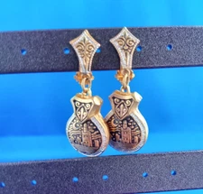 Vintage Toledo style clip on castanet earrings gold tone with black & white