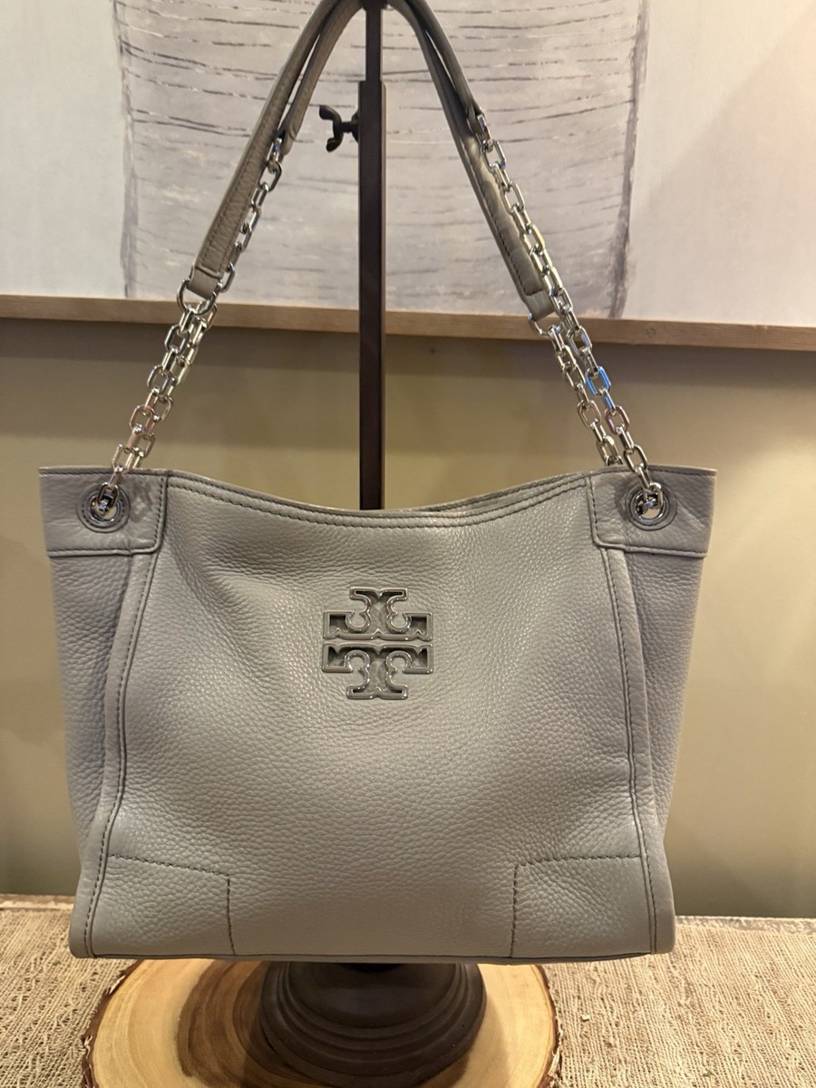 Tory Burch Britten French Grey Shoulder Bag Pebbled Leather Chain