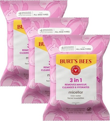 Burt's Bees Rose Water Face Wipes, Makeup Remover Hydrates 30ct 3 Pack 
