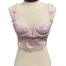 For Love Lemons Embroidered Hearts Bustier Bra Pink XS NEW NWT Ruffle Bows