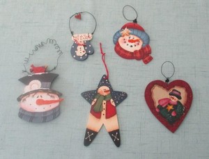 Hand Painted Wood Christmas Ornaments - Set Of 5 Snowmen