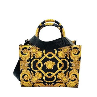 Versace Medusa Black Gold Canvas Medium Tote Greca Strap Bag NWT $1,275