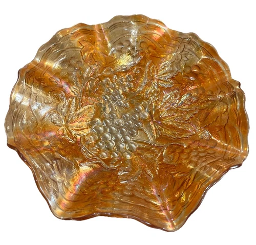 Antique Carnival Glass Bowl Grapes & Leaves Pattern  Marigold 1920's Australian